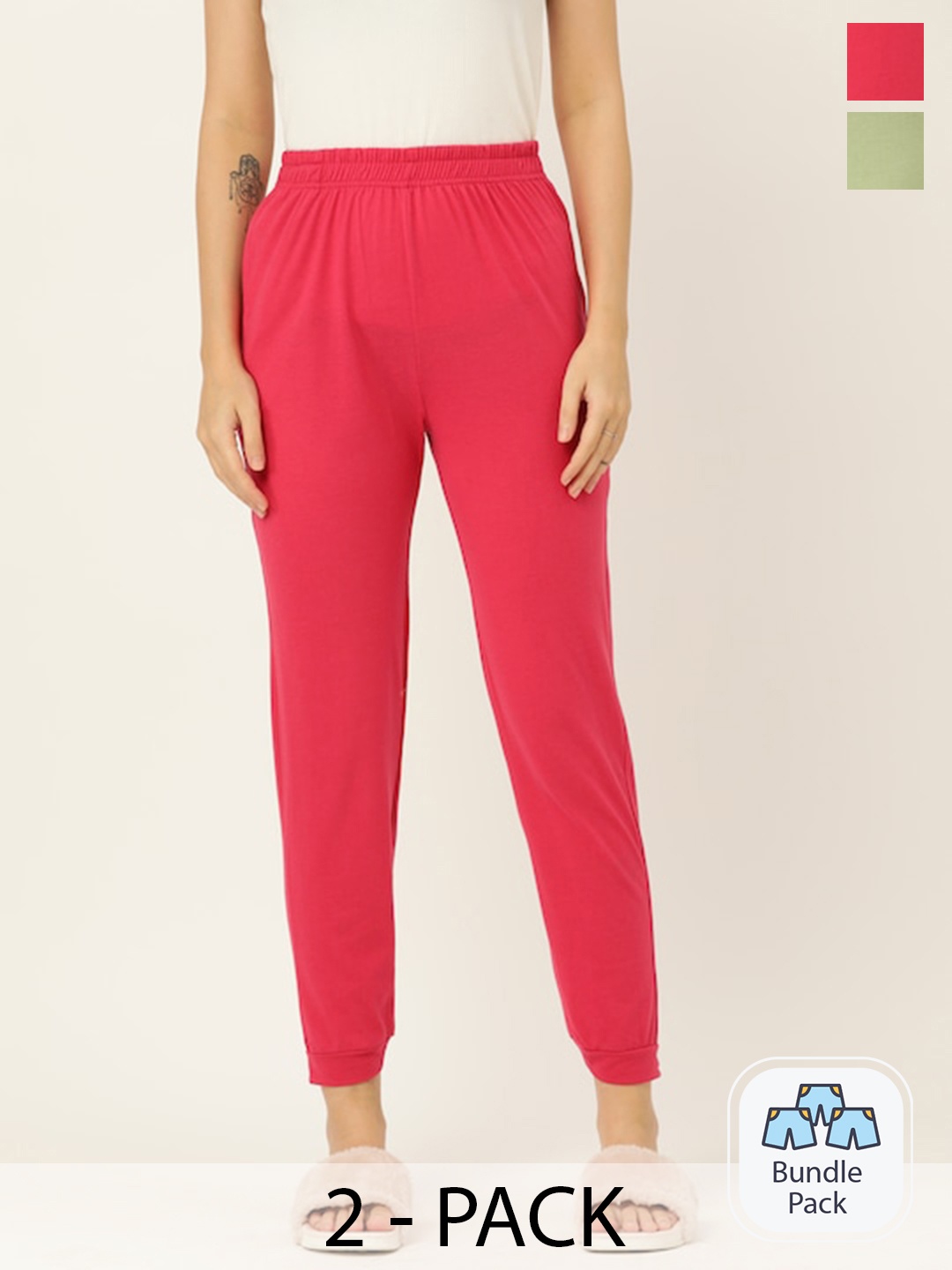 

ETC Women Pack Of 2 Mid-Rise Cotton Straight Lounge Pants, Magenta