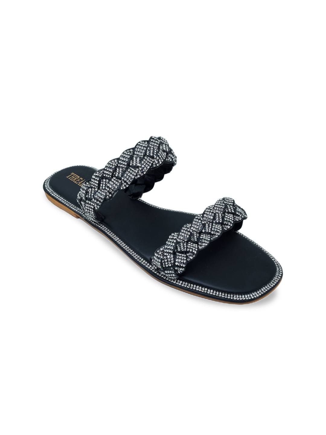 

Thread Stories Braided Embellished Two Strap Open Toe Flats, Black