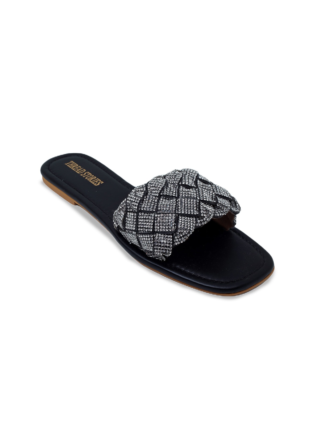 

Thread Stories Women Printed Open Toe Flats, Black
