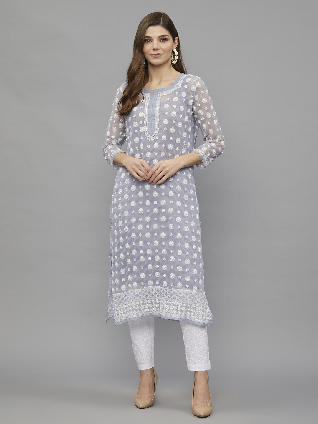 

Ethnava Ethnic Motifs Embroidered Chikankari Georgette Kurta, Grey