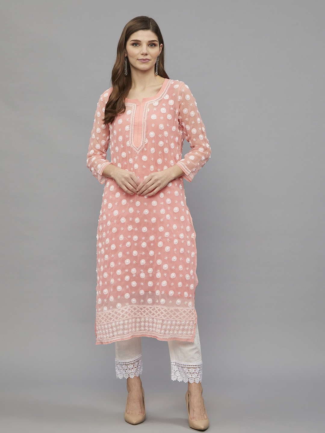 

Ethnava Ethnic Motifs Embroidered Chikankari Georgette Kurta, Peach