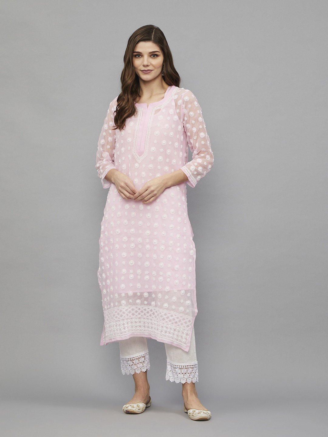 

Ethnava Ethnic Motifs Embroidered Chikankari Georgette Kurta, Pink