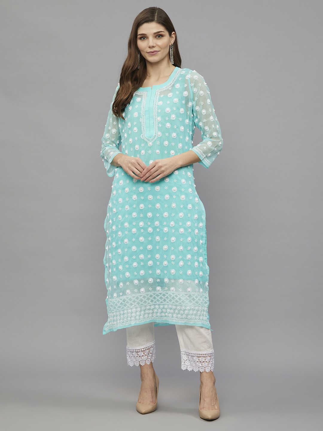 

Ethnava Ethnic Motifs Embroidered Chikankari Georgette Kurta, Sea green