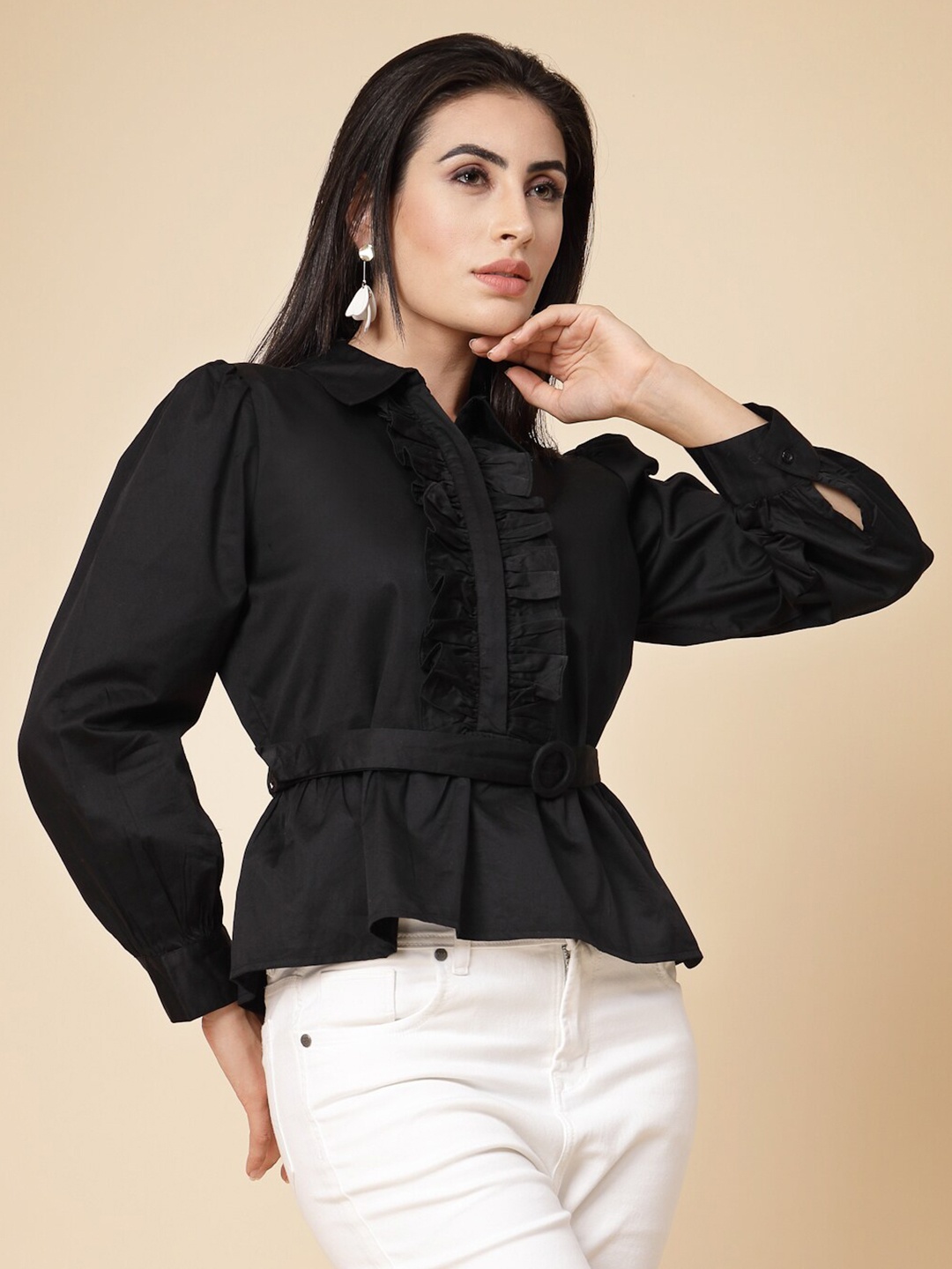 

Gipsy Ruffles Puff Sleeves Cotton Shirt Style Top, Black