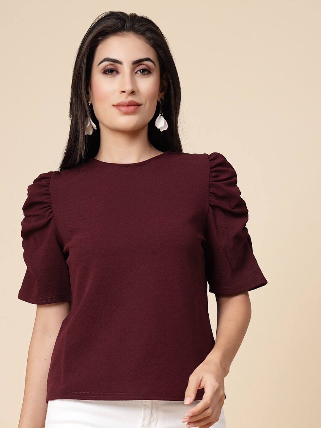 

Gipsy Puff Sleeves Round Neck Top, Burgundy
