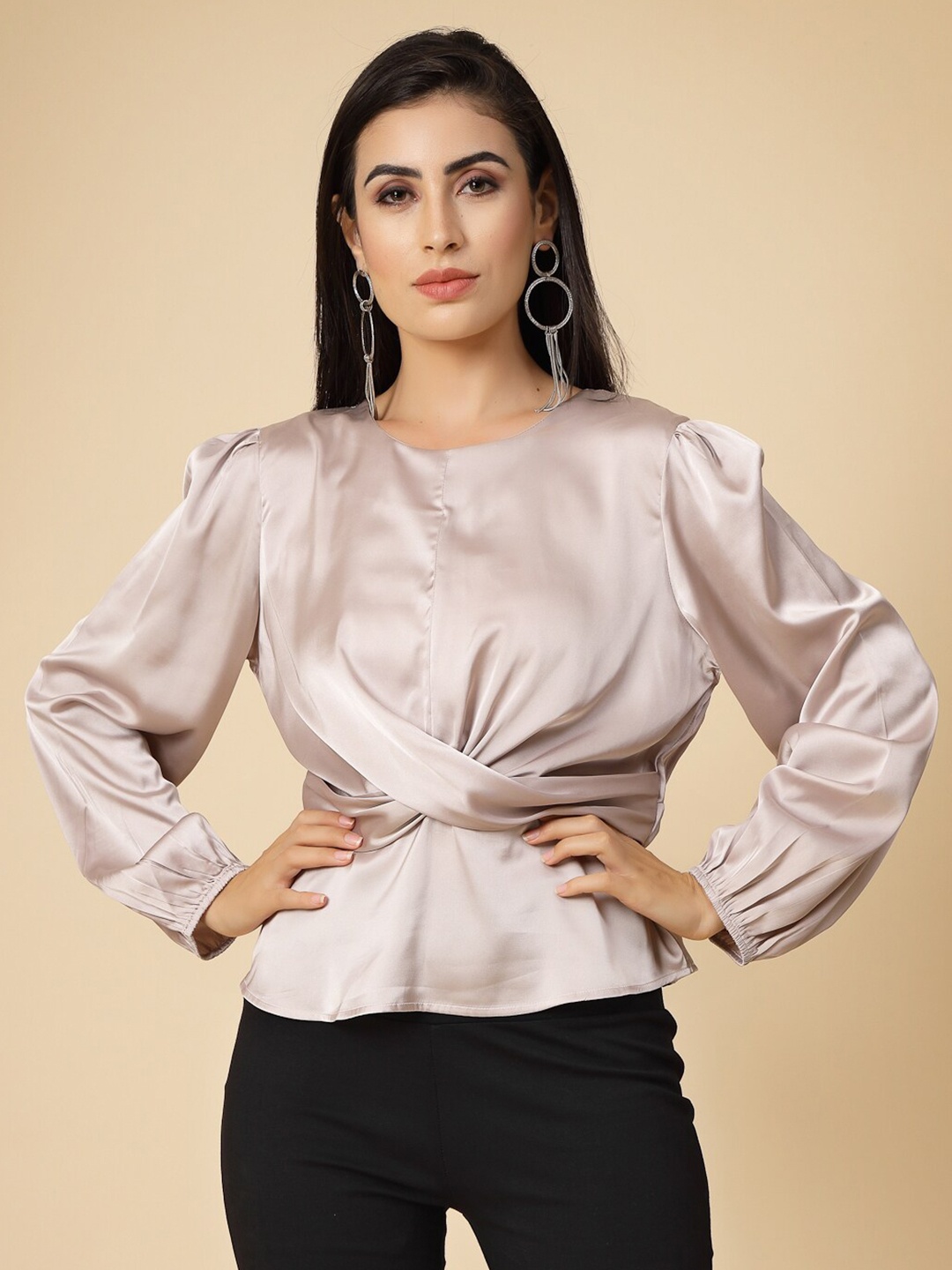 

Gipsy Round Neck Puff Sleeves Satin Top, Beige