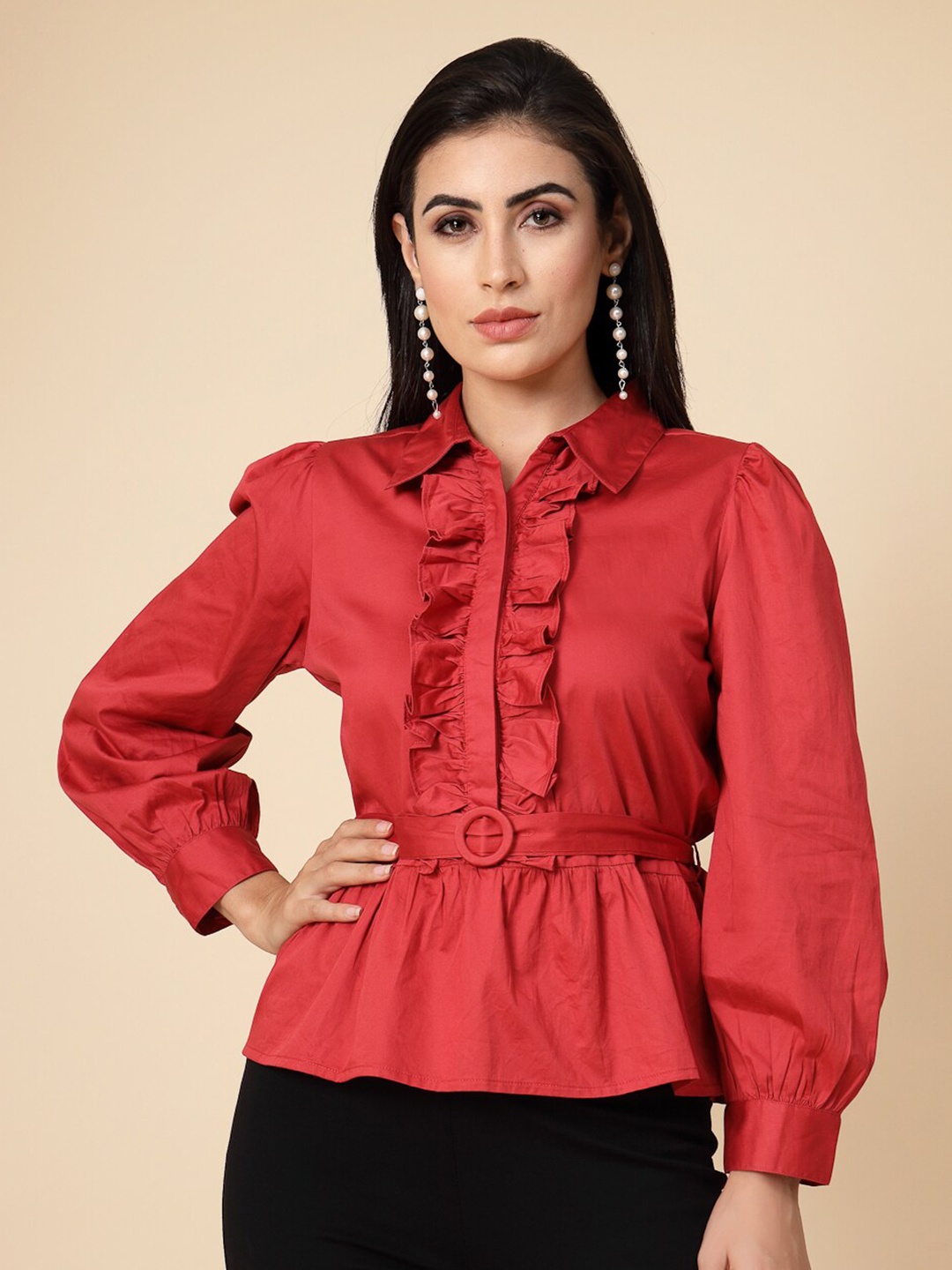

Gipsy Ruffled Cotton Shirt Style Top, Red