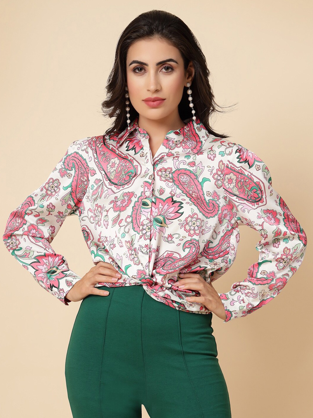 

Gipsy Ethnic Motifs Printed Satin Shirt Style Top, White