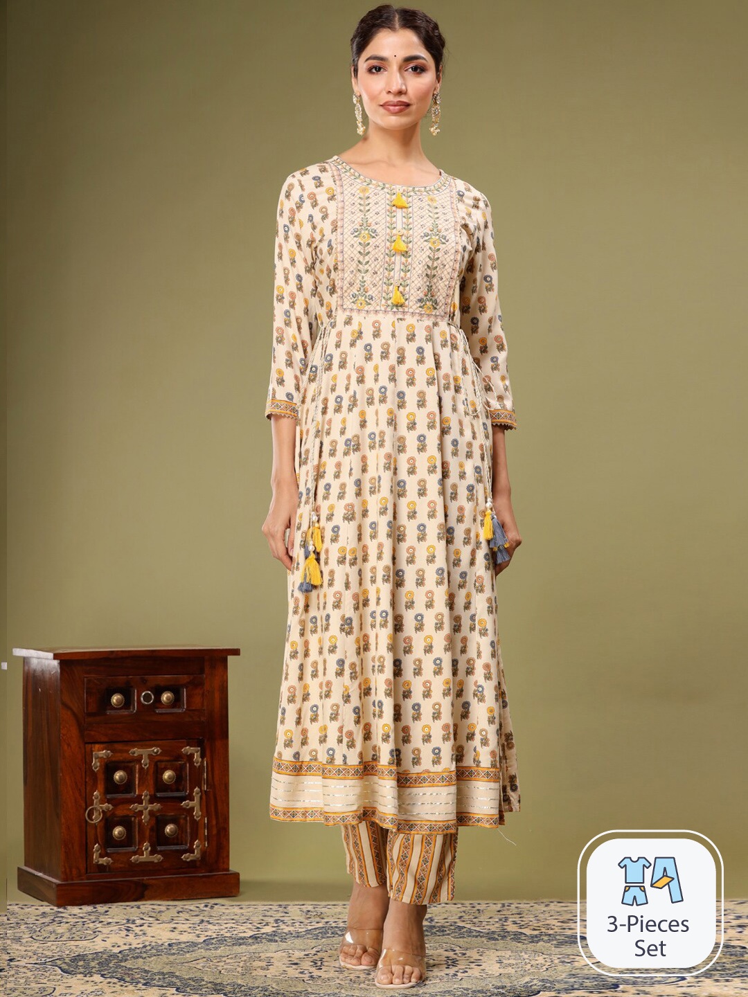 

Readiprint Fashions Floral Printed Thread Work Anarkali Kurta & Palazzos With Dupatta, Yellow