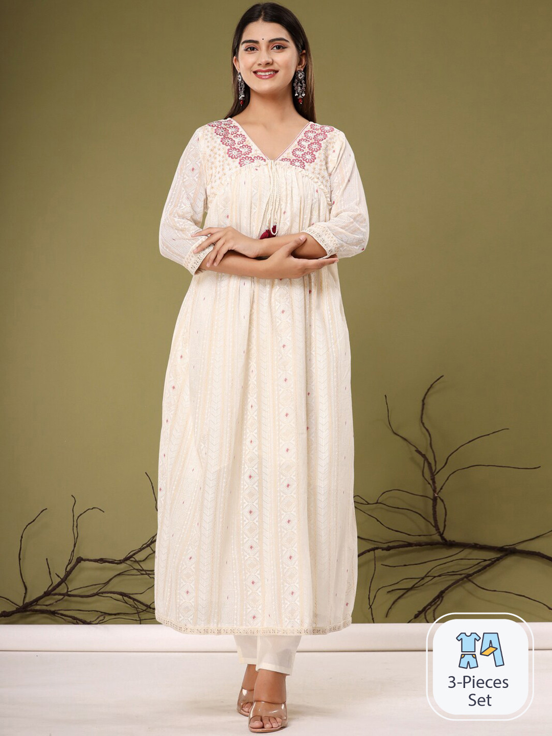 

Readiprint Fashions Floral Embroidered Thread Work Pure Cotton Kurta With Dupatta, Cream