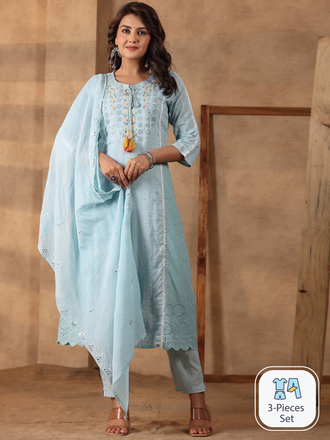 

Readiprint Fashions Floral Embroidered Pure Cotton Kurta & Trousers With Dupatta, Blue