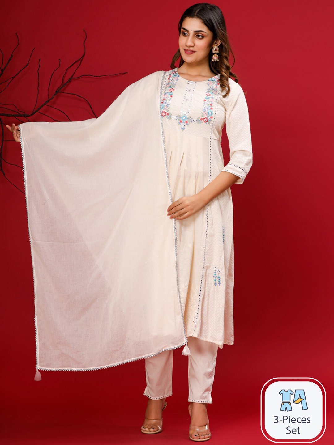 

Readiprint Fashions Floral Embroidered Pure Cotton Anarkali Kurta Trousers With Dupatta, Cream