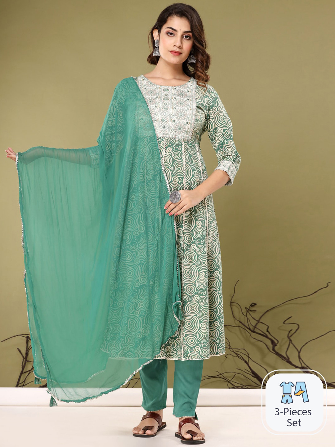 

Readiprint Fashions Printed Mirror Work Cotton Anarkali Kurta With Palazzos & Dupatta, Green
