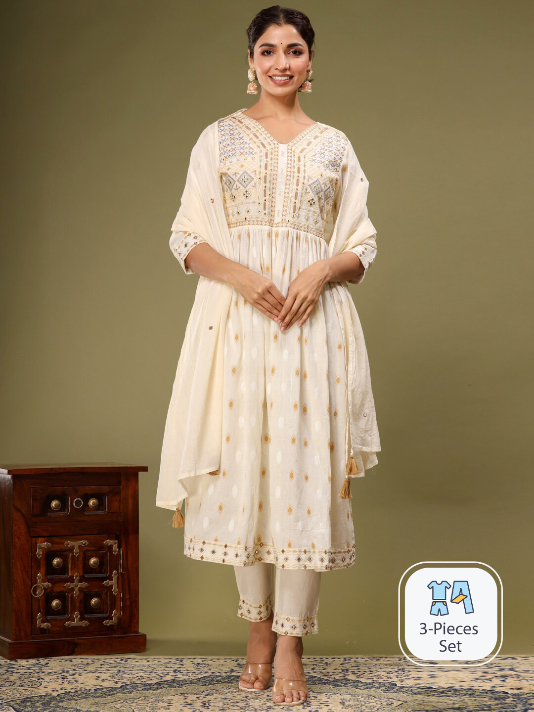 

Readiprint Fashions Printed Thread Work Pure Cotton Anarkali Kurta With Trousers & Dupatta, Cream