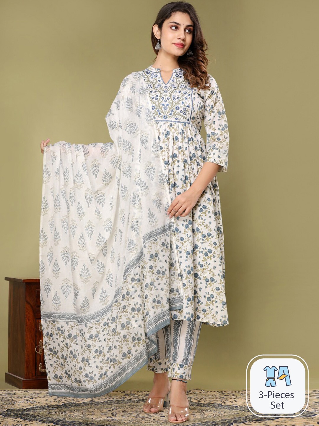 

Readiprint Fashions Floral Thread Work Pure Cotton Anarkali Kurta With Trousers & Dupatta, Blue