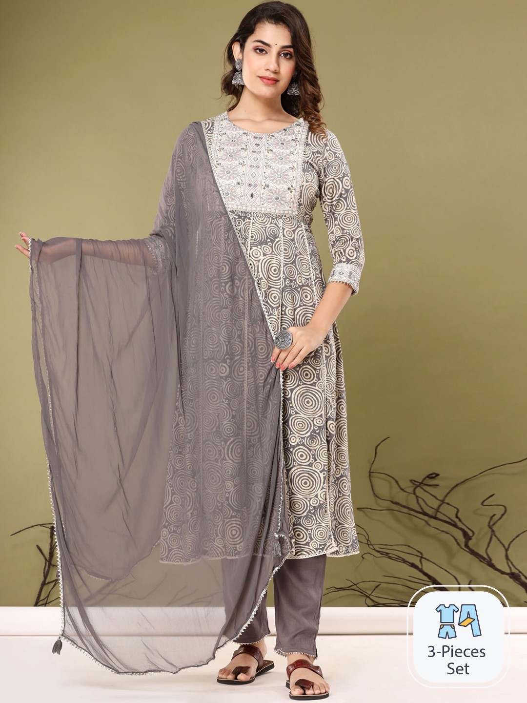 

Readiprint Fashions Printed Thread Work Anarkali Kurta With Trousers & Dupatta, Grey
