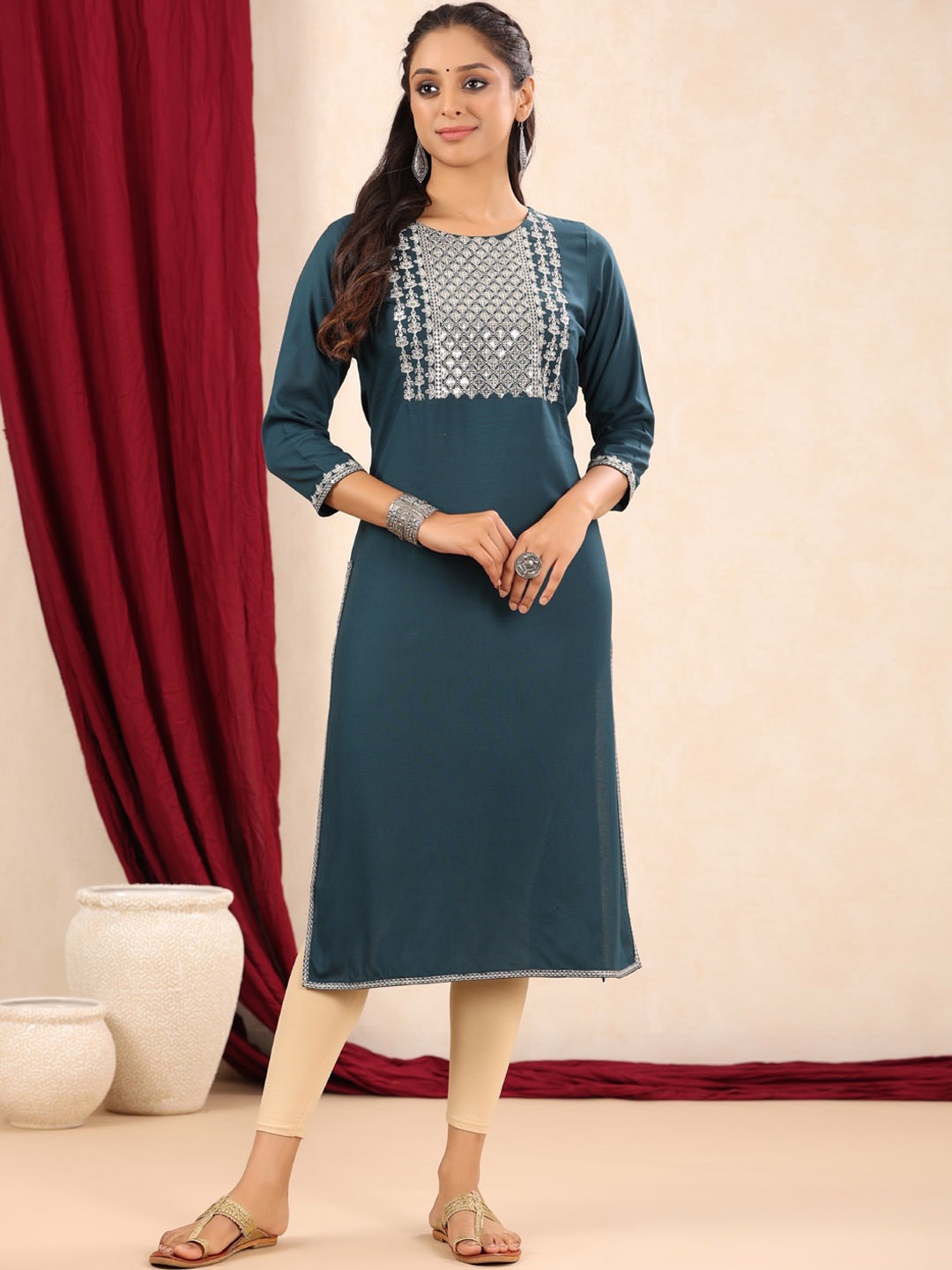 

Readiprint Fashions Ethnic Motifs Yoke Design Sequinned Kurta, Teal