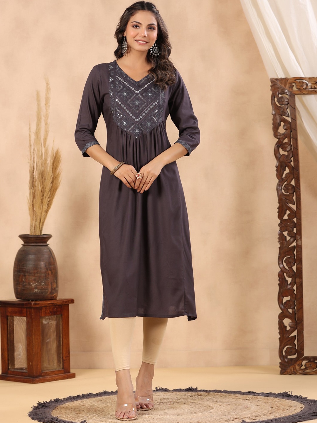 

Readiprint Fashions Ethnic Motifs Yoke Design Mirror Work Pleated Kurta, Grey