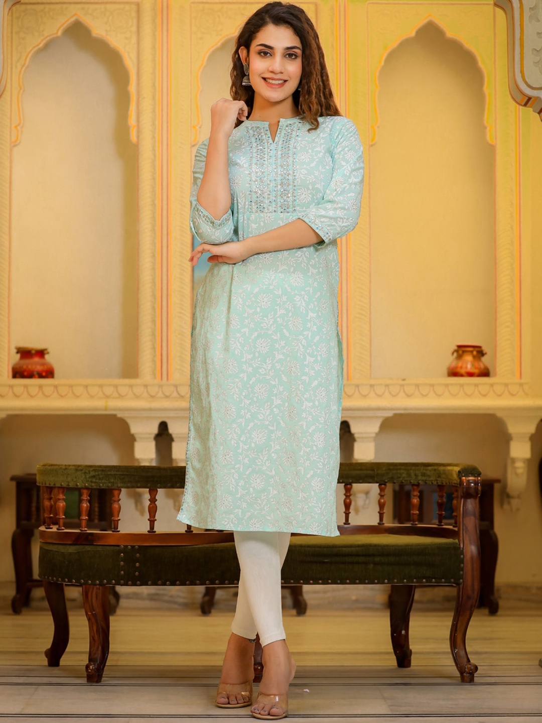 

Readiprint Fashions Ethnic Motifs Printed Thread Work Pure Cotton Kurta, Green