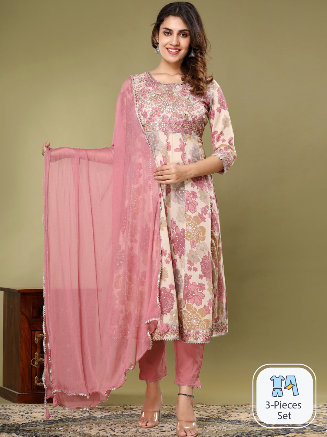 

Readiprint Fashions Floral Mirror Work Cotton Anarkali Kurta With Trousers & Dupatta, Mauve