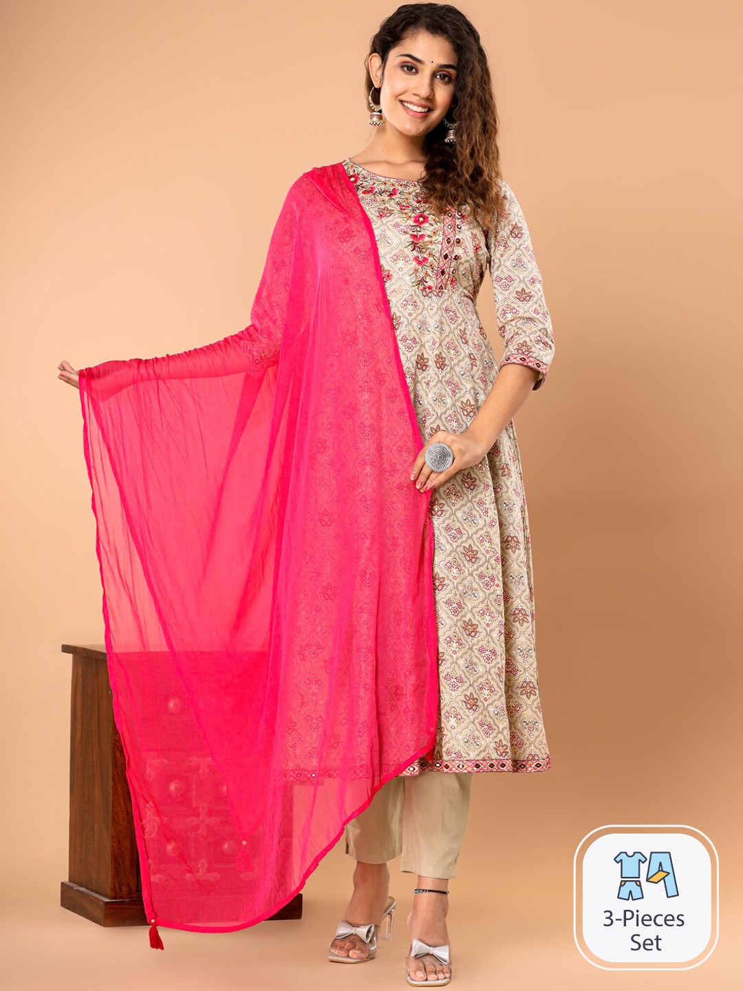 

Readiprint Fashions Floral Printed Pure Cotton Anarkali Kurta & Trouser With Dupatta, Pink