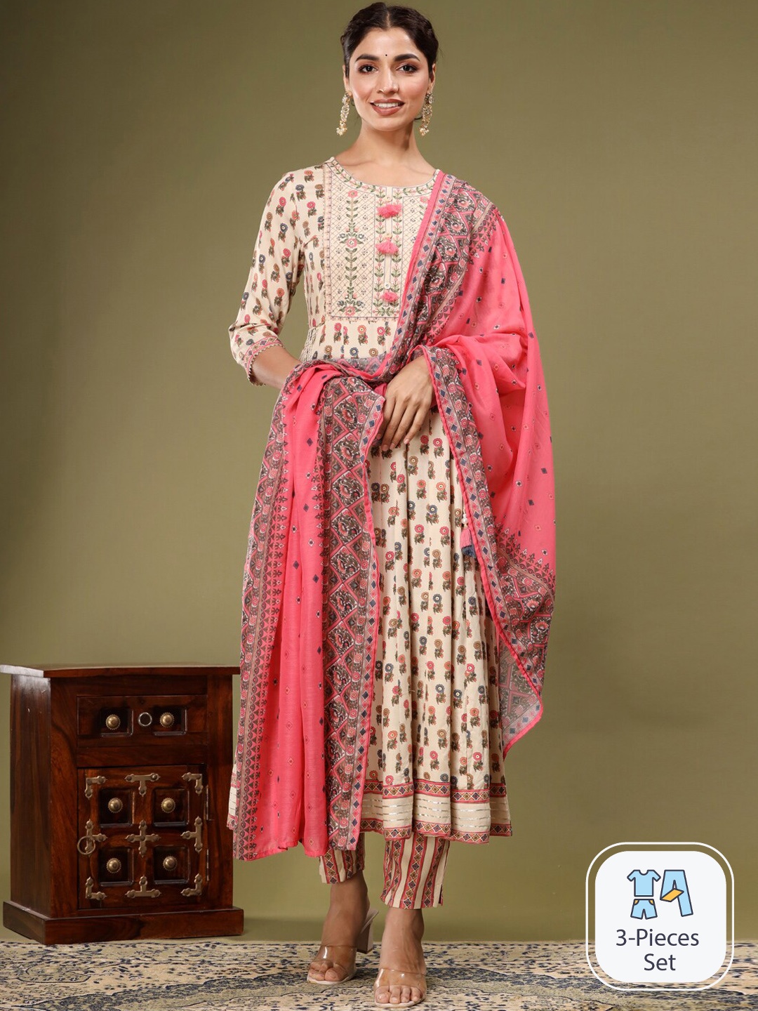 

Readiprint Fashions Ethnic Motifs Printed Anarkali Kurta & Trouser With Dupatta, Pink