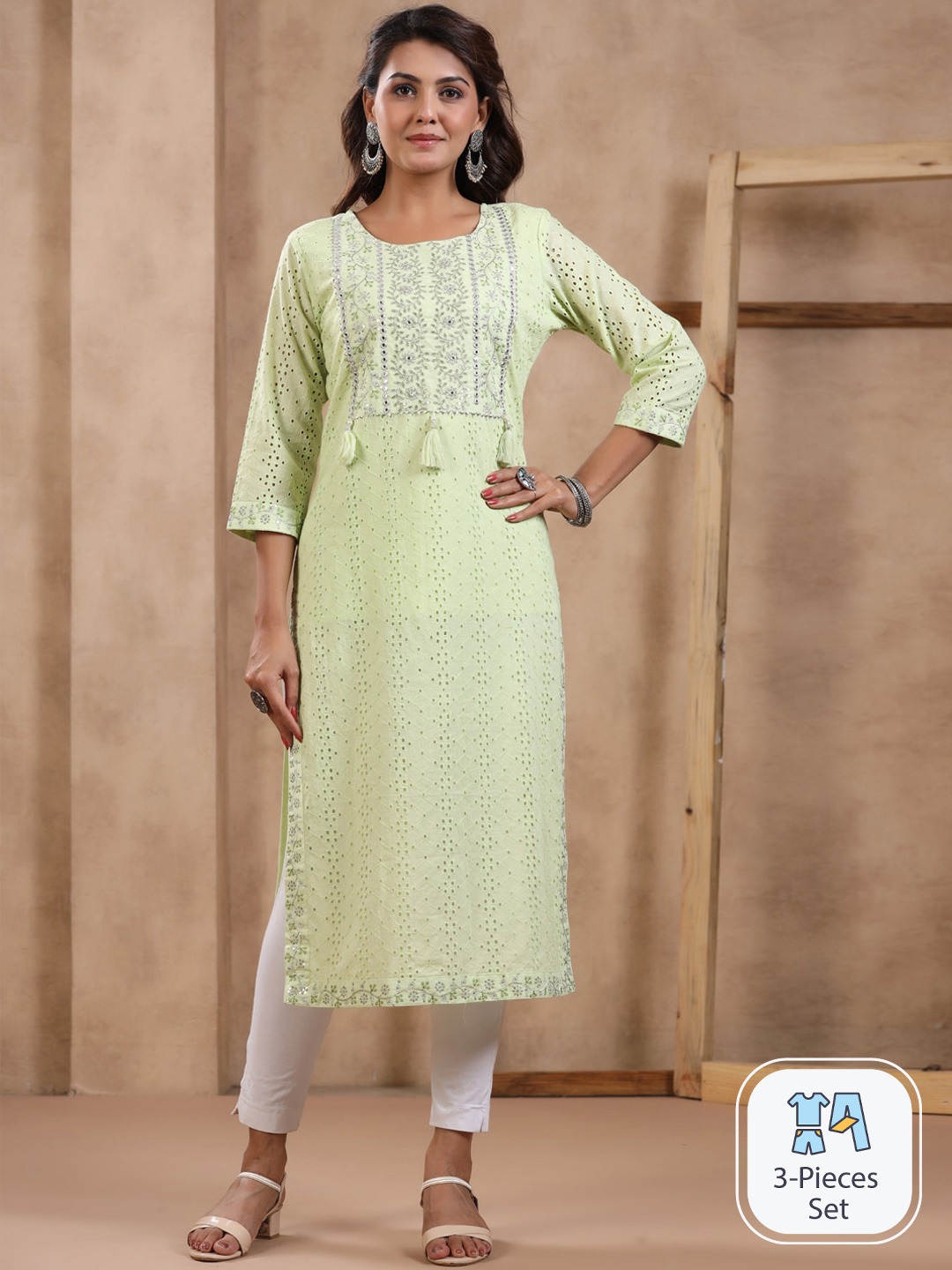 

Readiprint Fashions Floral Yoke Design Mirror Work Cotton Straight Kurta, Green