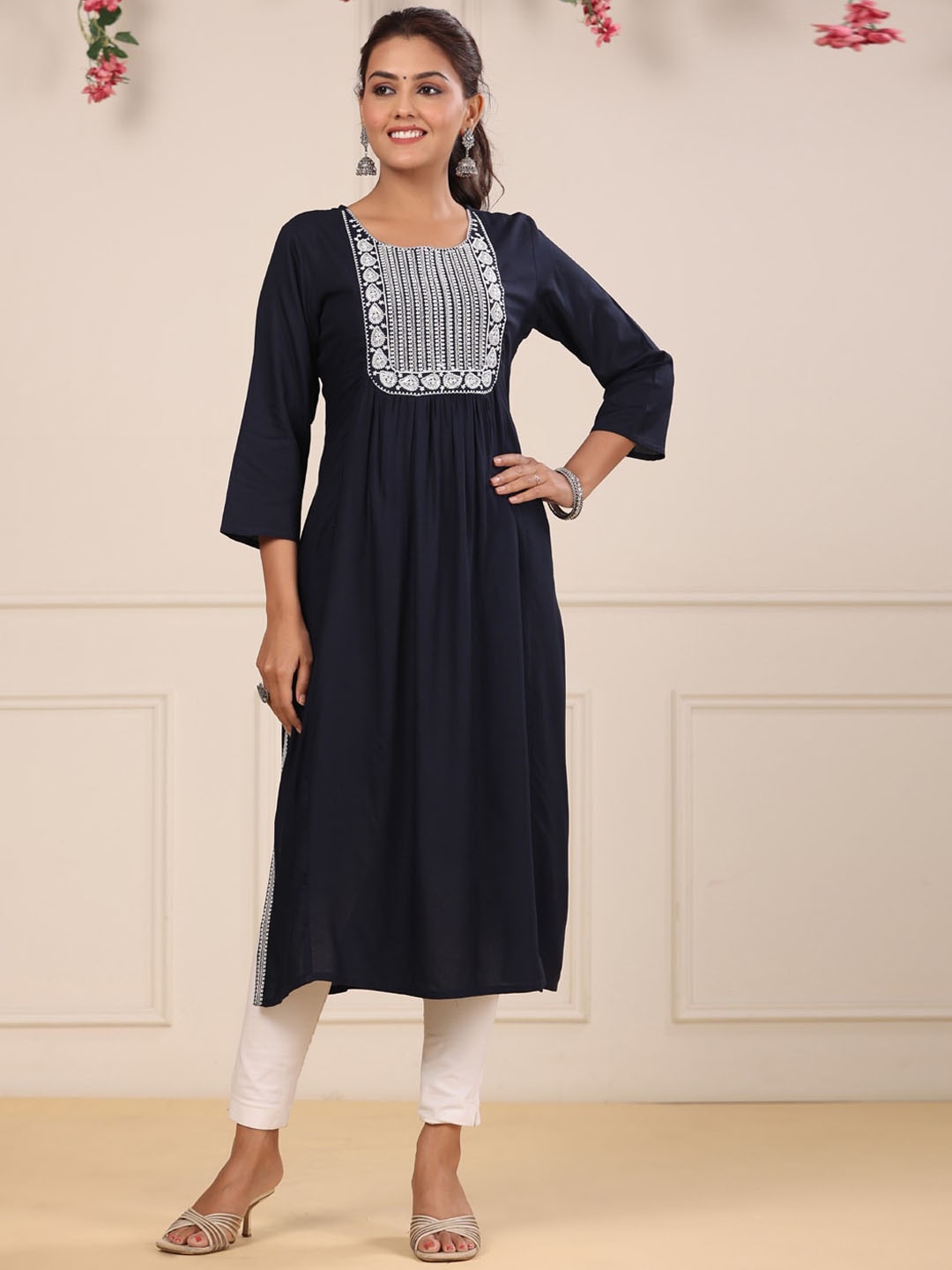 

Readiprint Fashions Ethnic Motifs Yoke Design Thread Work Kurta, Navy blue