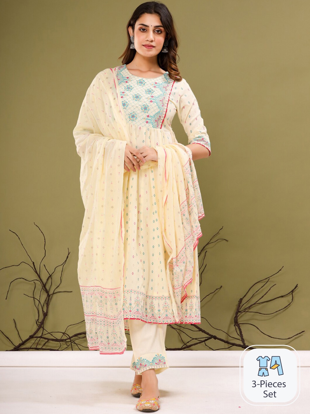 

Readiprint Fashions Ethnic Motifs Printed Pure Cotton Anarkali Kurta Set, Cream