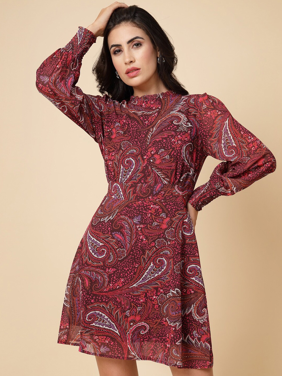 

Gipsy Ethnic Motifs Printed Round Neck Cuffed Sleeve Georgette A-Line Dress, Maroon