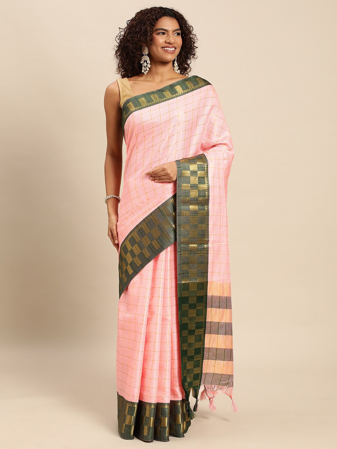 

Anjaneya Sarees Checked Zari Saree, Pink