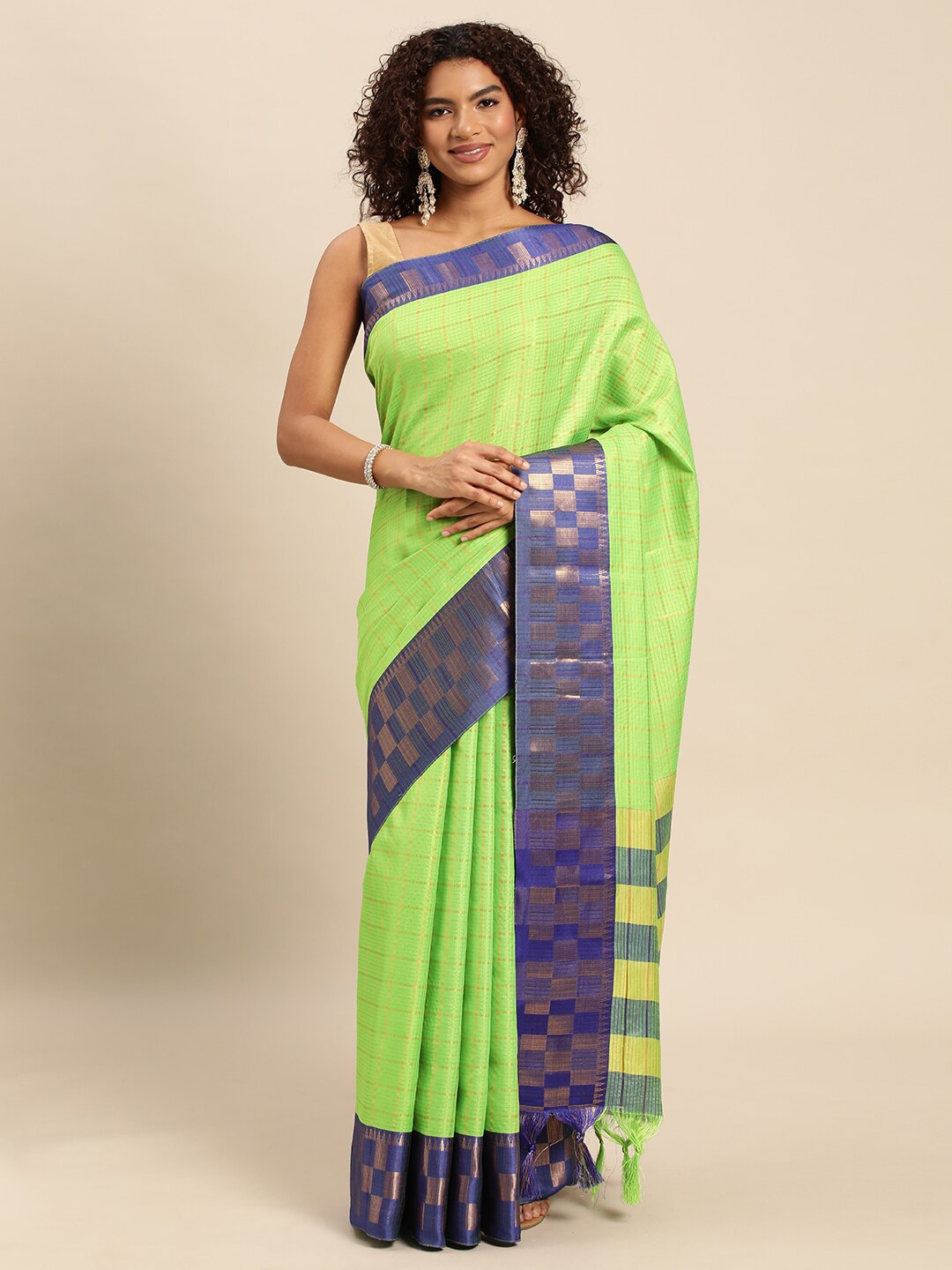 

Anjaneya Sarees Checked Zari Saree, Green