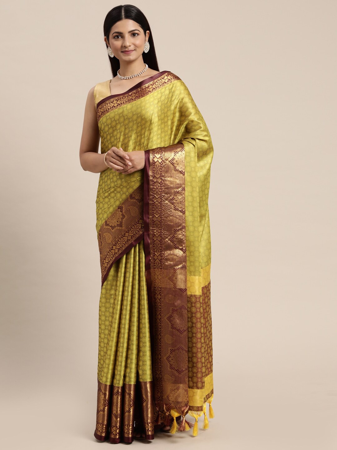 

Anjaneya Sarees Ethnic Motifs Woven Design Zari Saree, Yellow