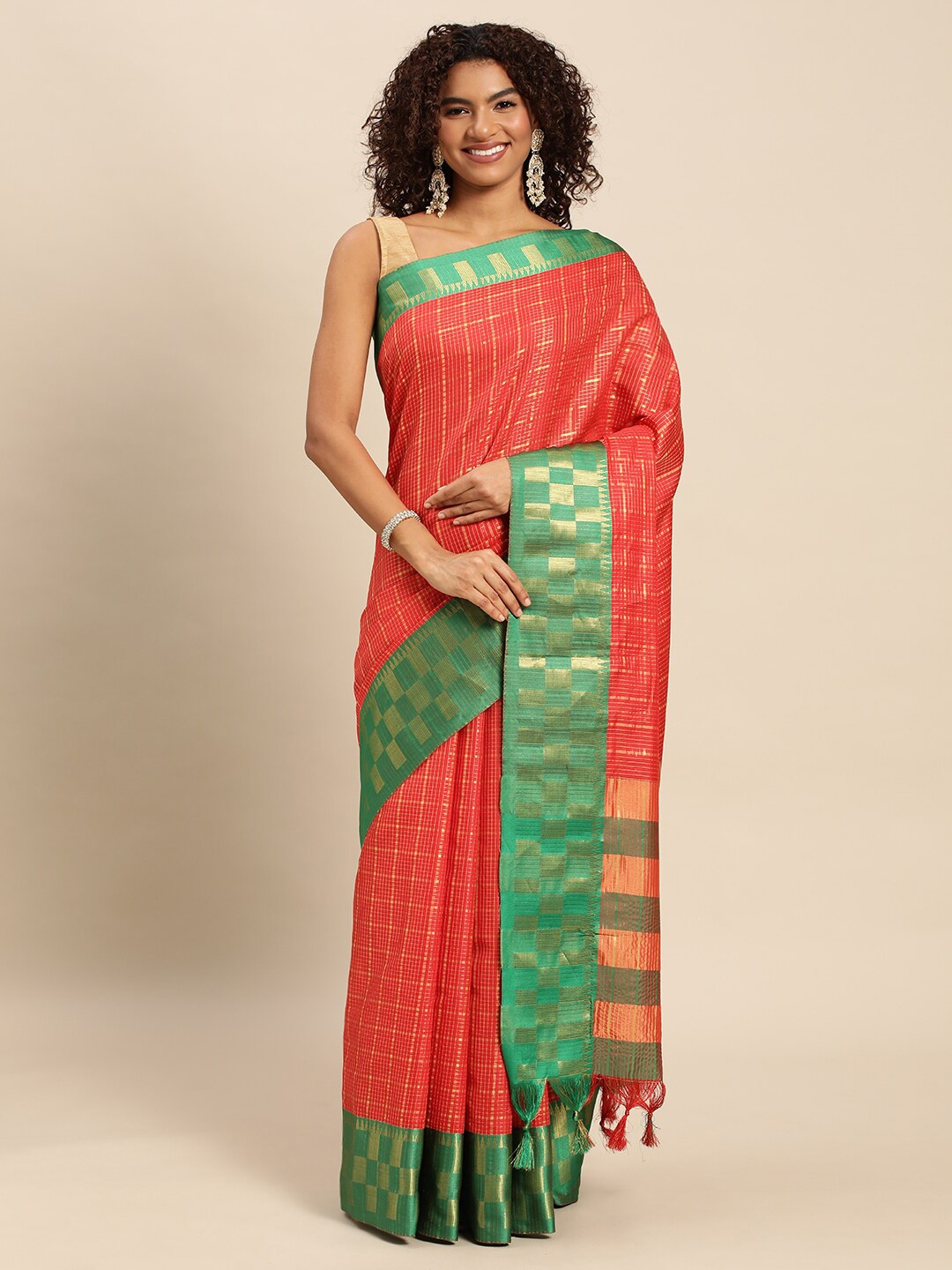 

Anjaneya Sarees Checked Zari Saree, Orange