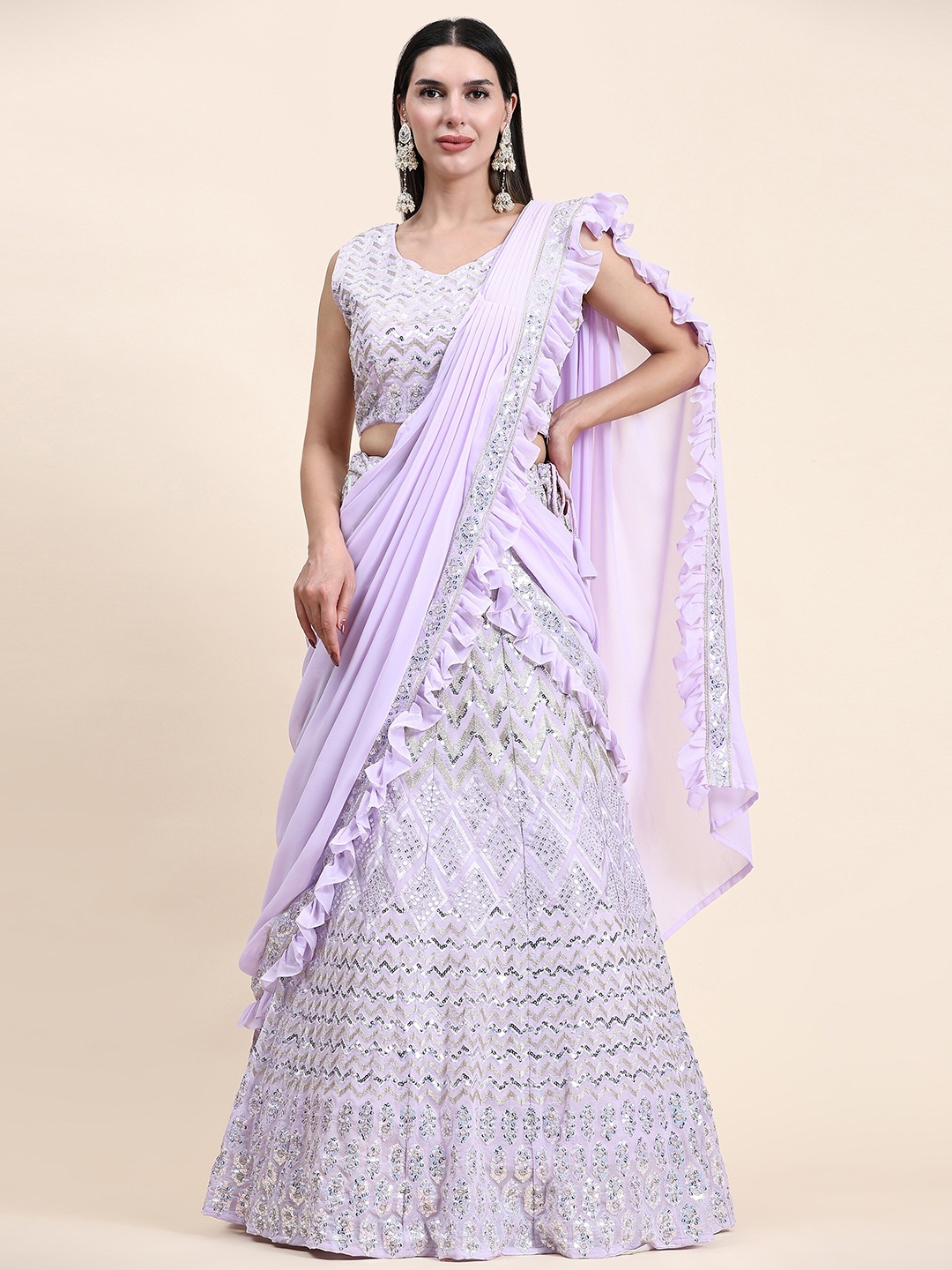 

Mitera Embroidered Sequinned Ready to Wear Lehenga & Blouse With Dupatta, Lavender