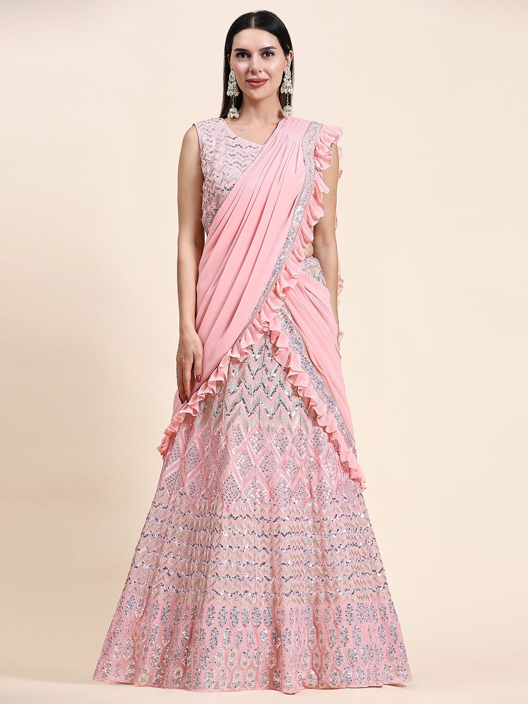 

Mitera Embroidered Sequinned Ready to Wear Lehenga & Blouse With Dupatta, Pink