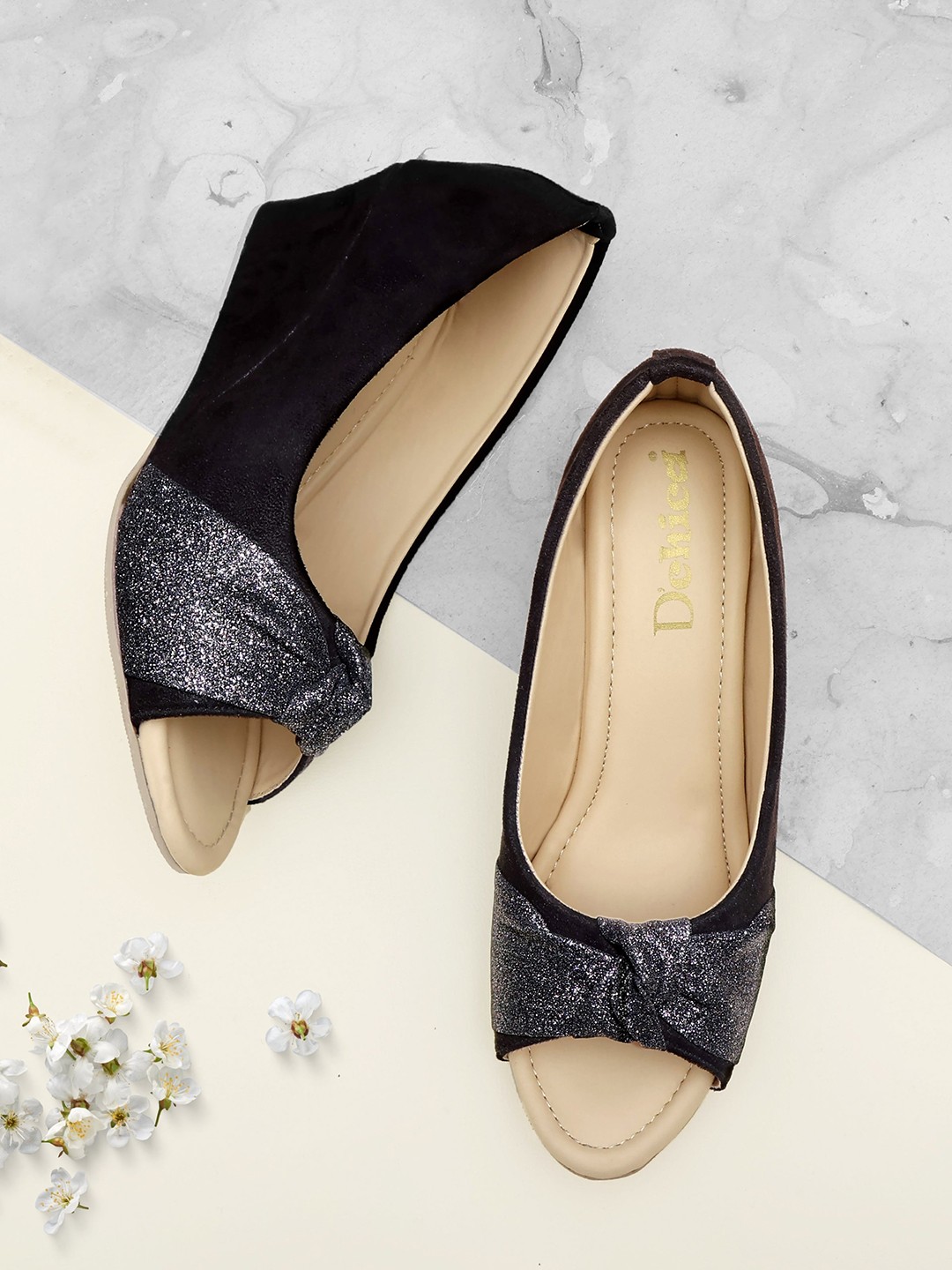 

DChica Peep Toe wedges Heels with Bows, Black