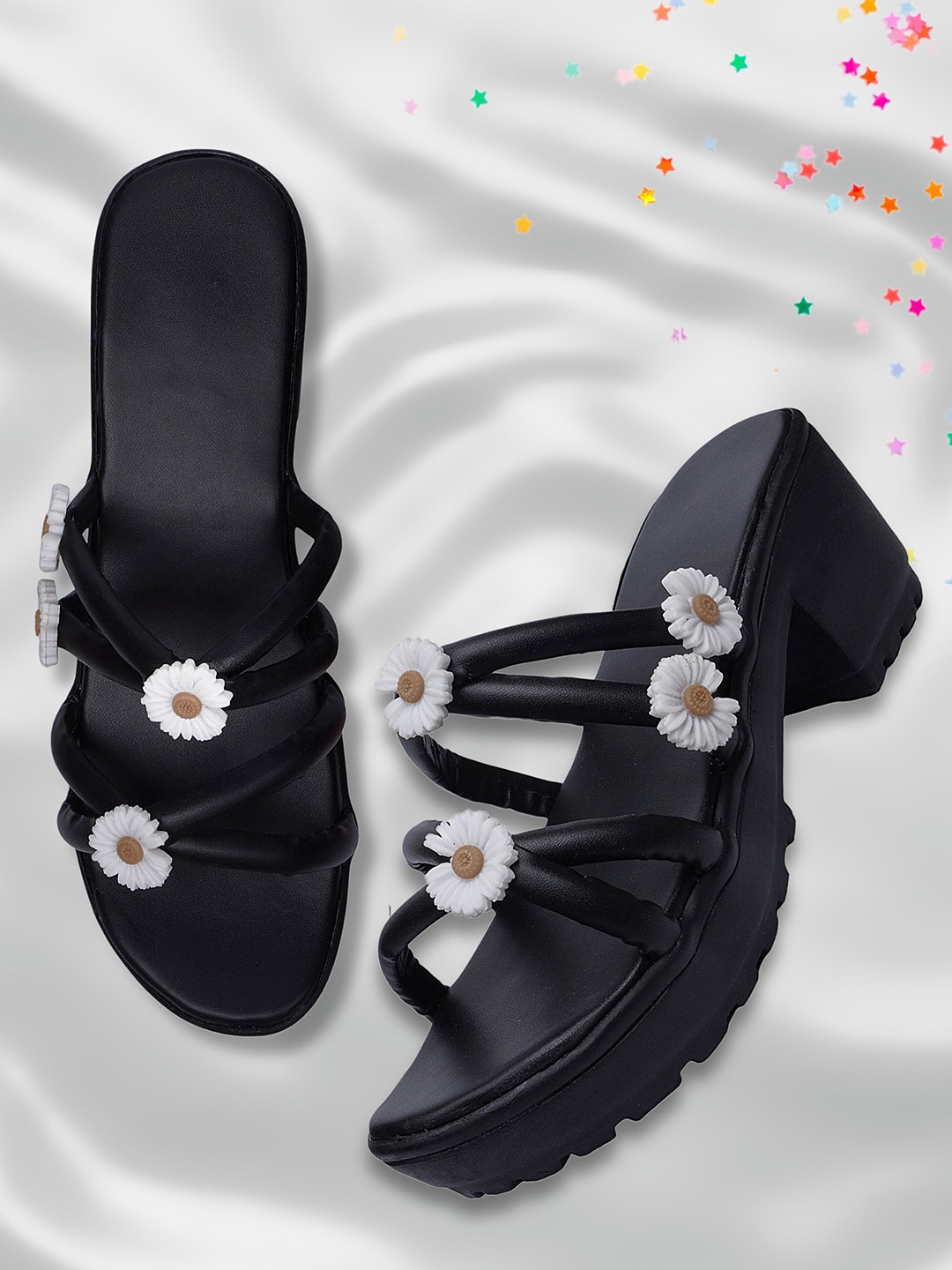 

DChica Embellished Strappy Open Toe Platform Heels, Black