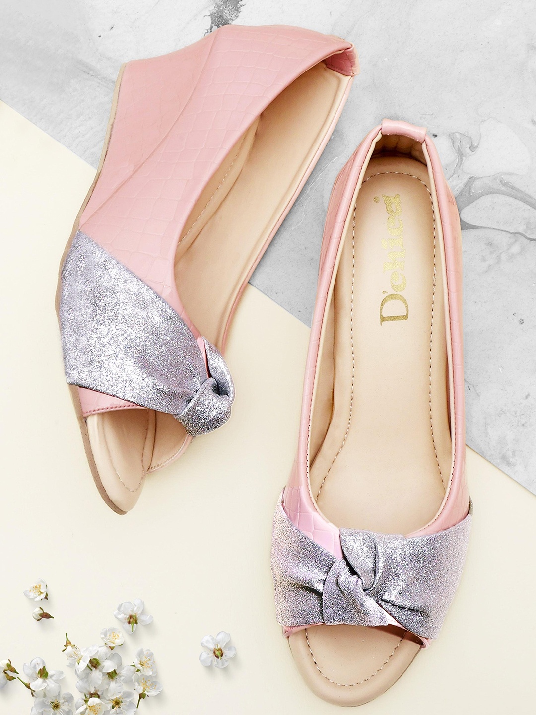 

DChica Embellished Peep Toe Wedges Pumps With Bows, Pink