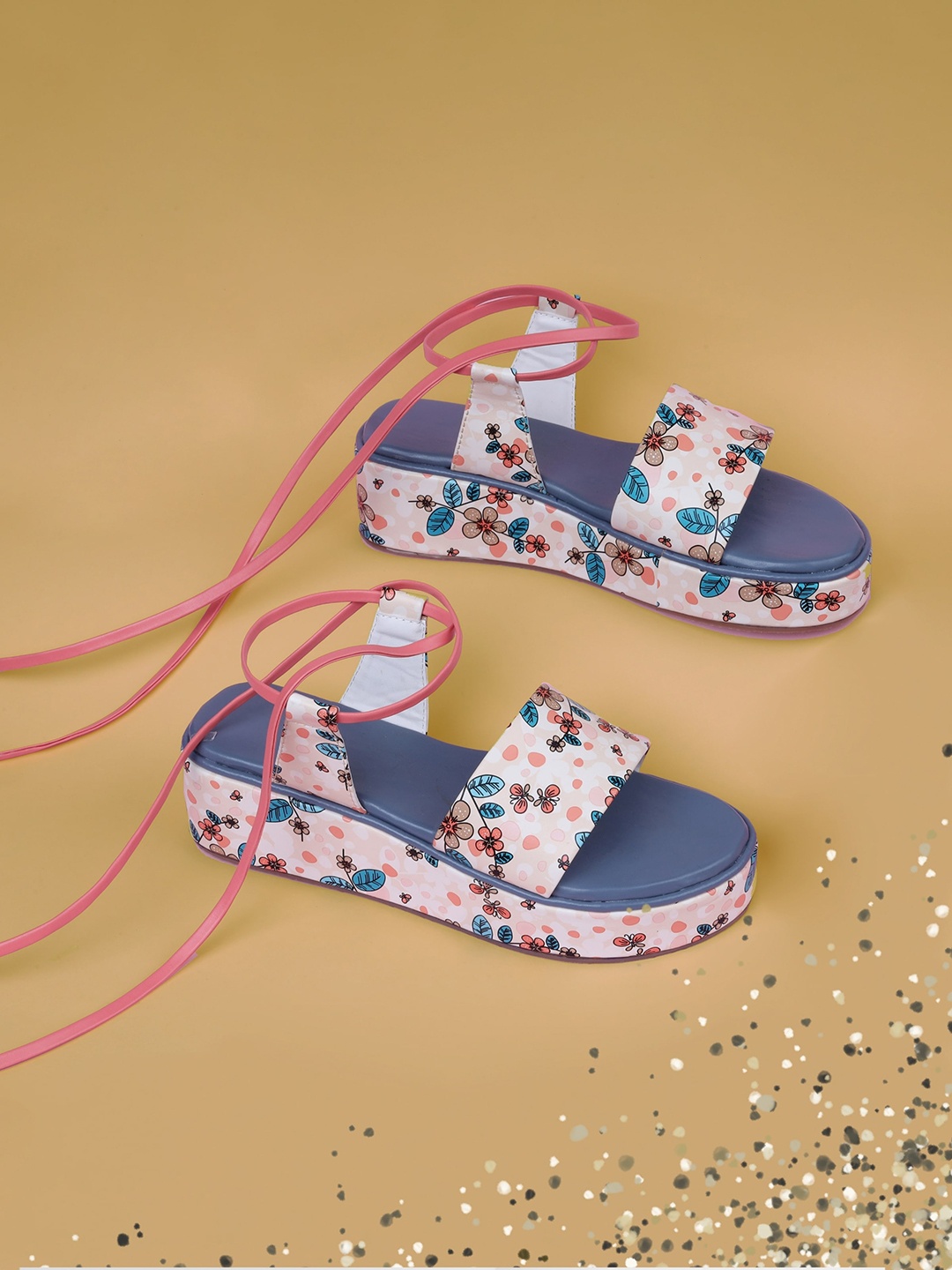 

DChica Two Strap Printed Flatform Heels With Lace-Ups, White