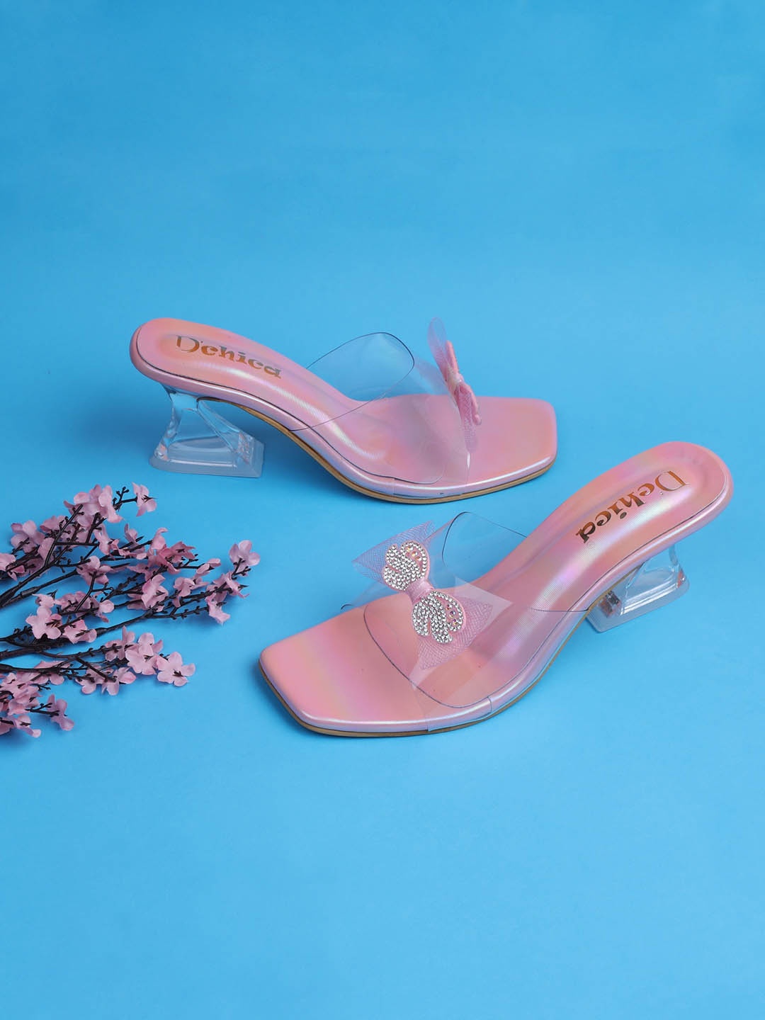

DChica Embellished Open Toe Block Heels, Pink