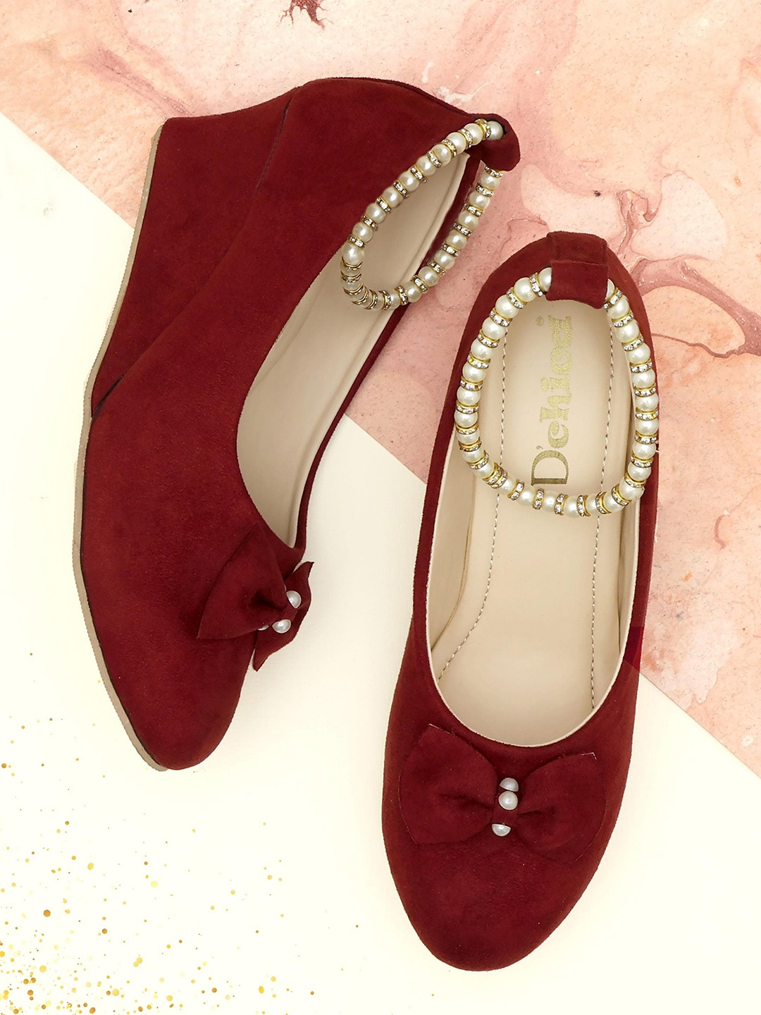 

DChica Embellished Suede Wedge Pumps With Ankle Loop, Maroon