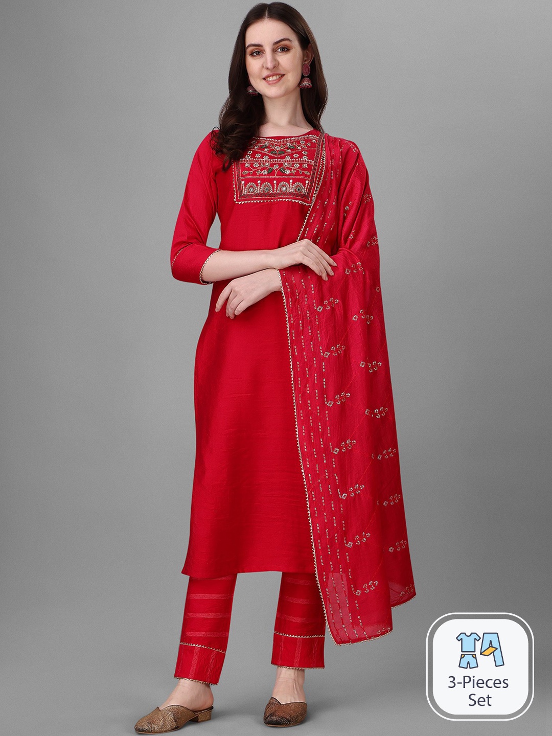 

Kinjo Thread Work Detailed Chanderi Cotton Straight Kurta & Trousers With Dupatta, Red