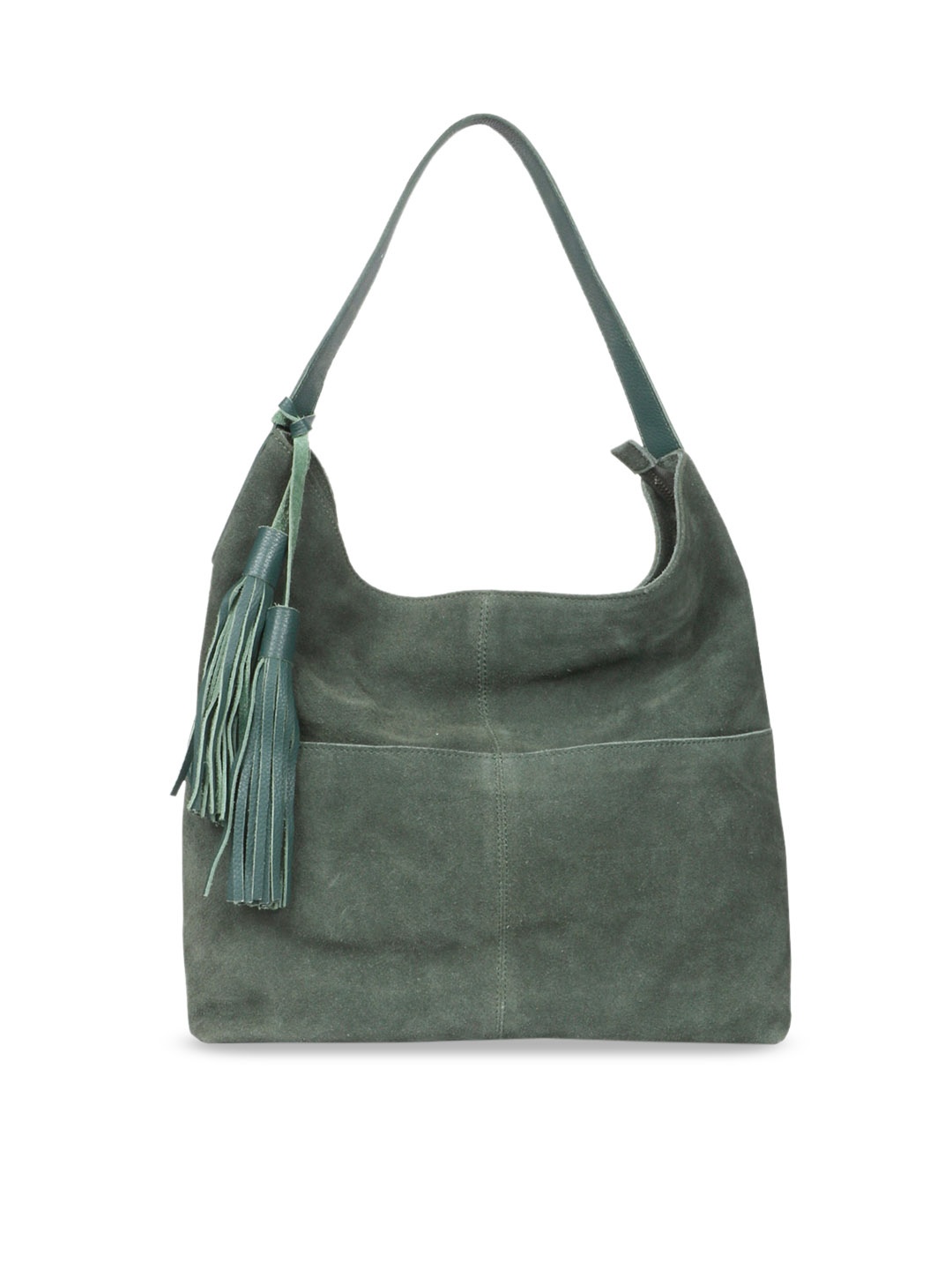 

Favore Leather Structured Hobo Bag with Tasselled Detail, Green