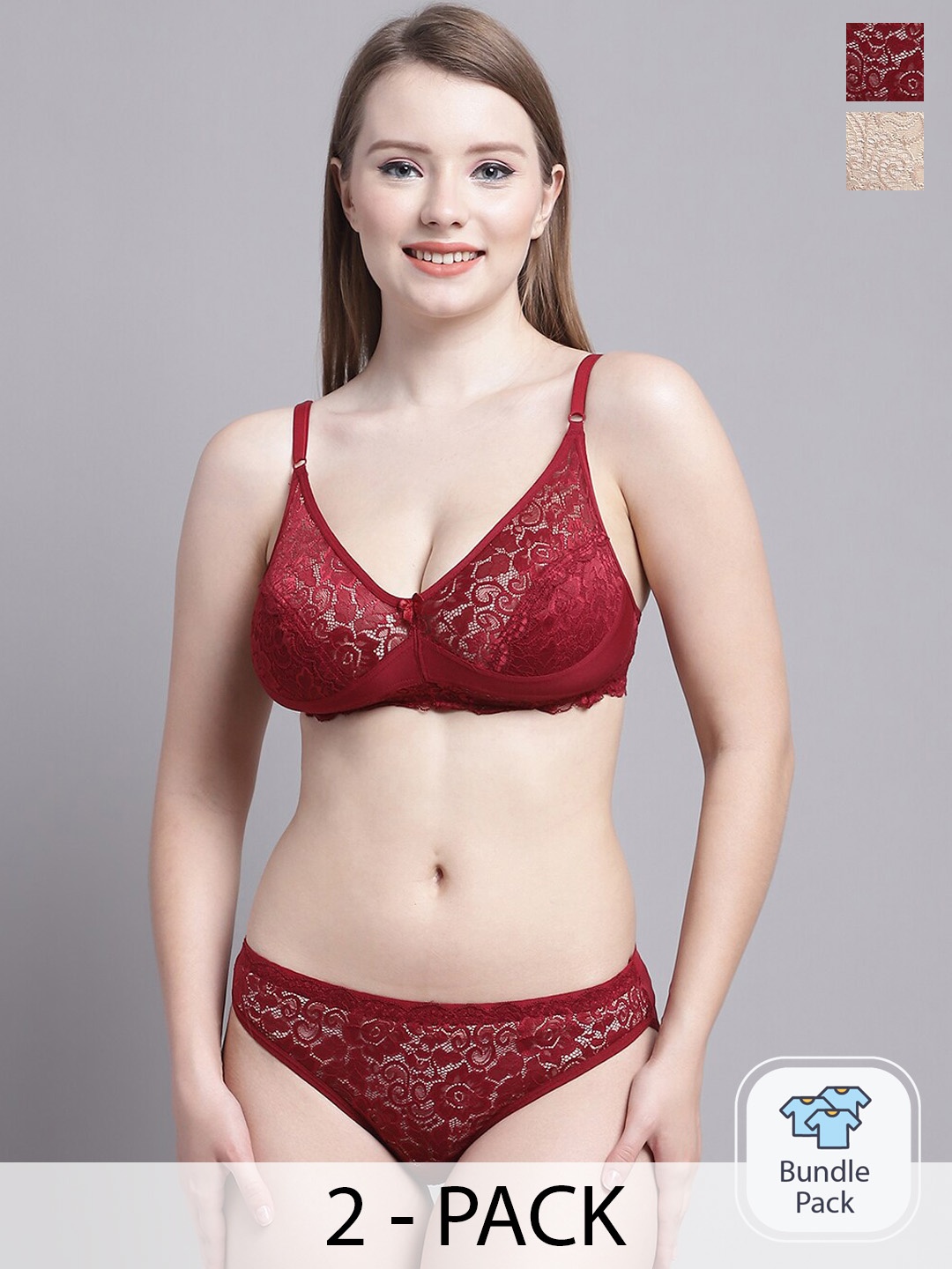 

GRACIT Pack Of 2 Self-Design Lingerie Set, Maroon