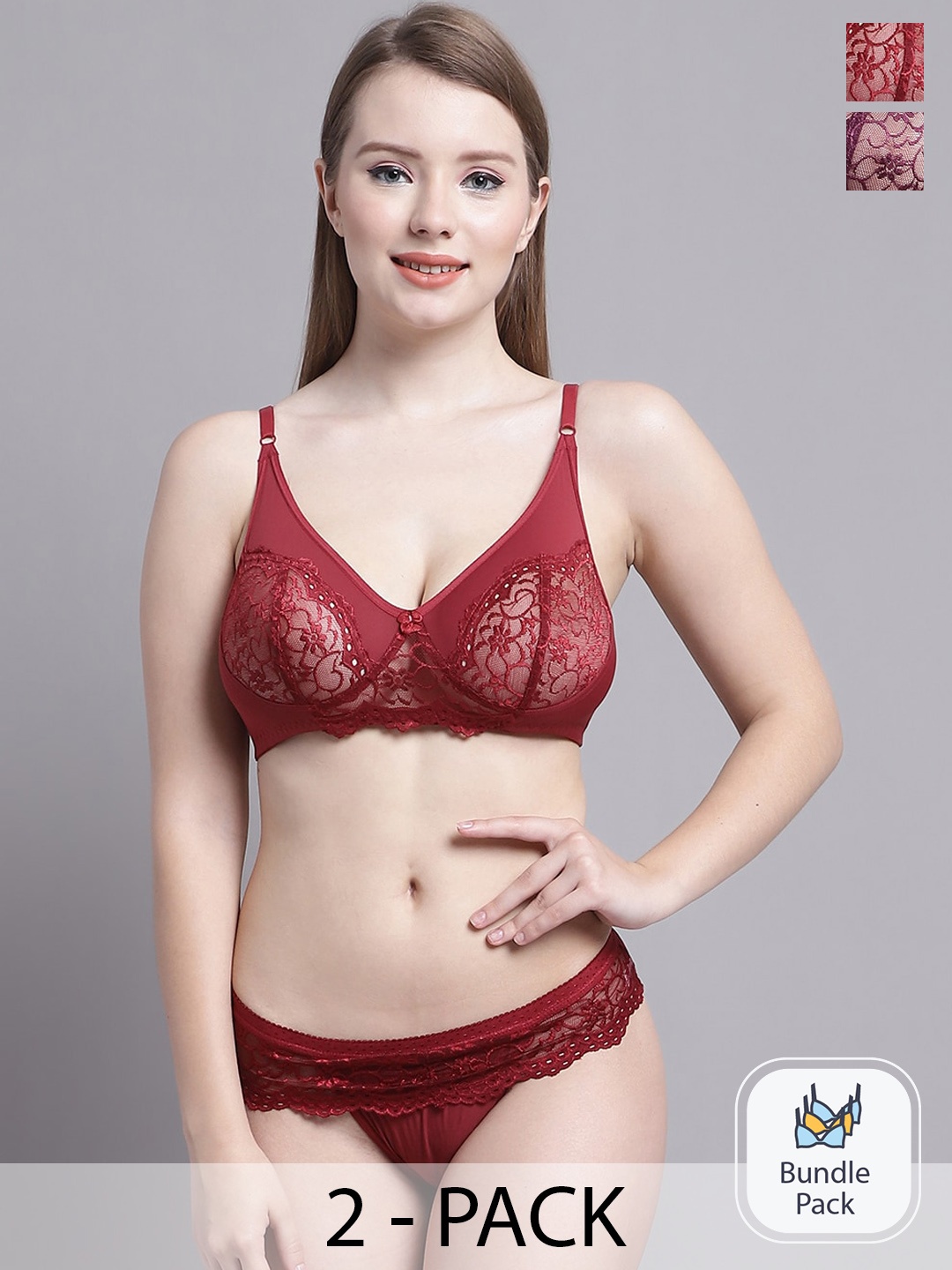 

GRACIT Pack Of 2 Self-Design Lingerie Set, Maroon