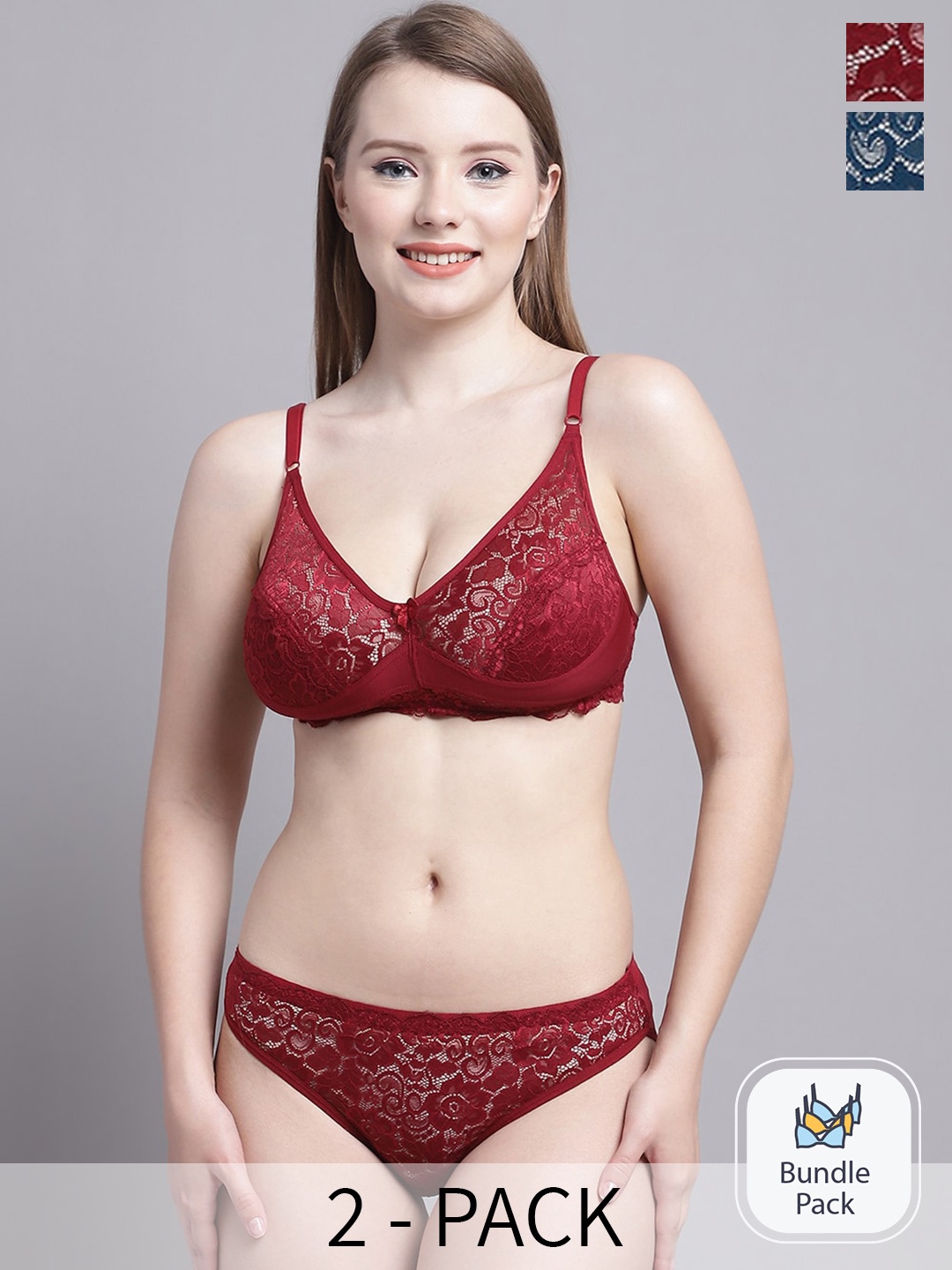 

GRACIT Pack Of 2 Self-Design Lingerie Set, Maroon