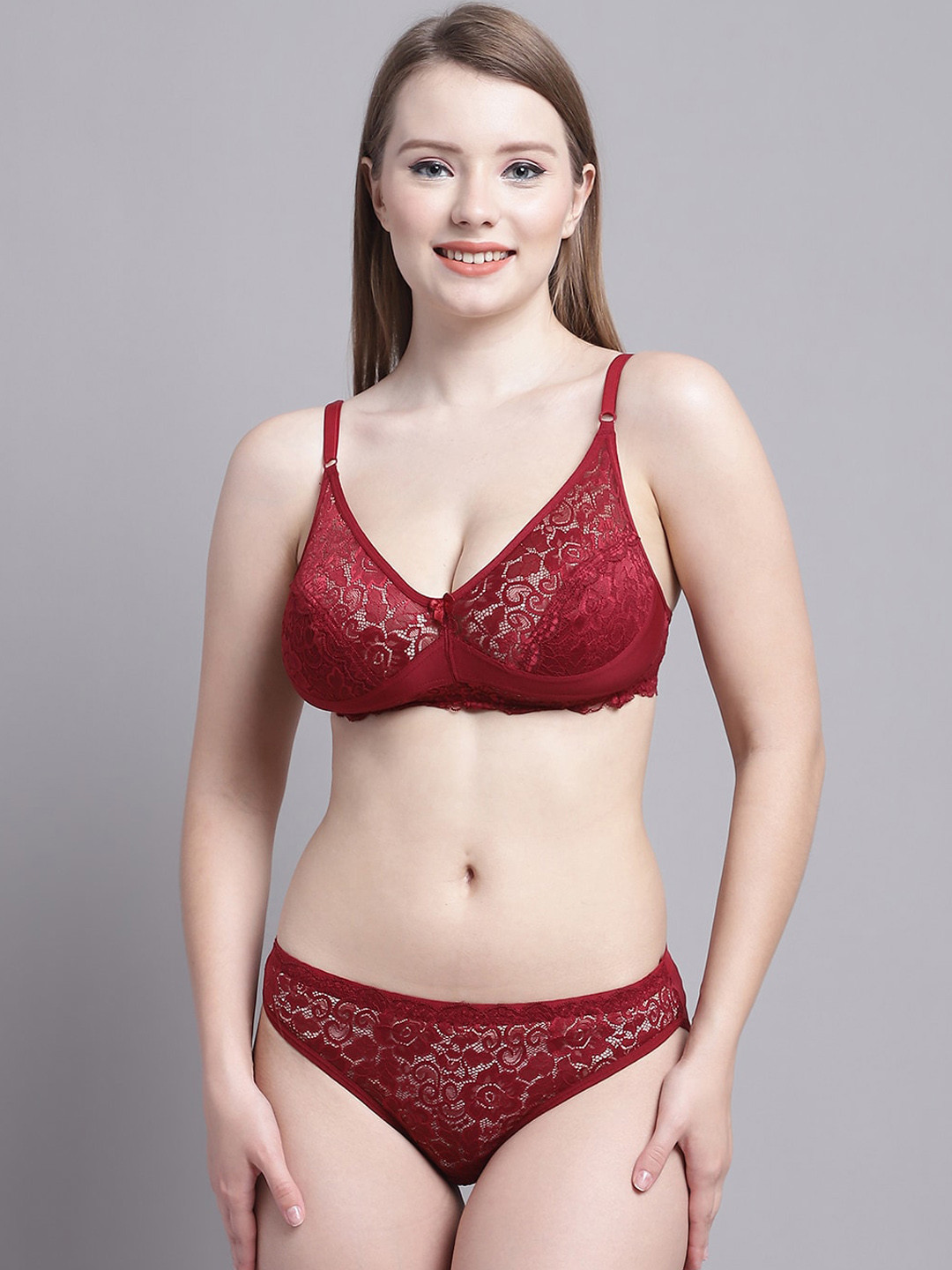 

GRACIT Self-Design Lingerie Set, Maroon