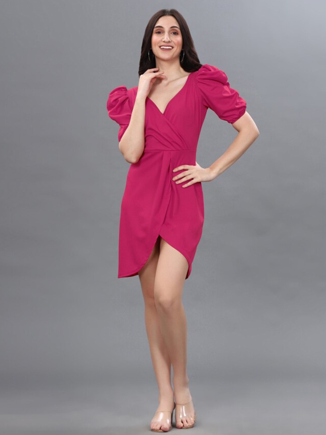 

IUGA Puff Sleeves Tulip Hem Wrap Dress, Magenta
