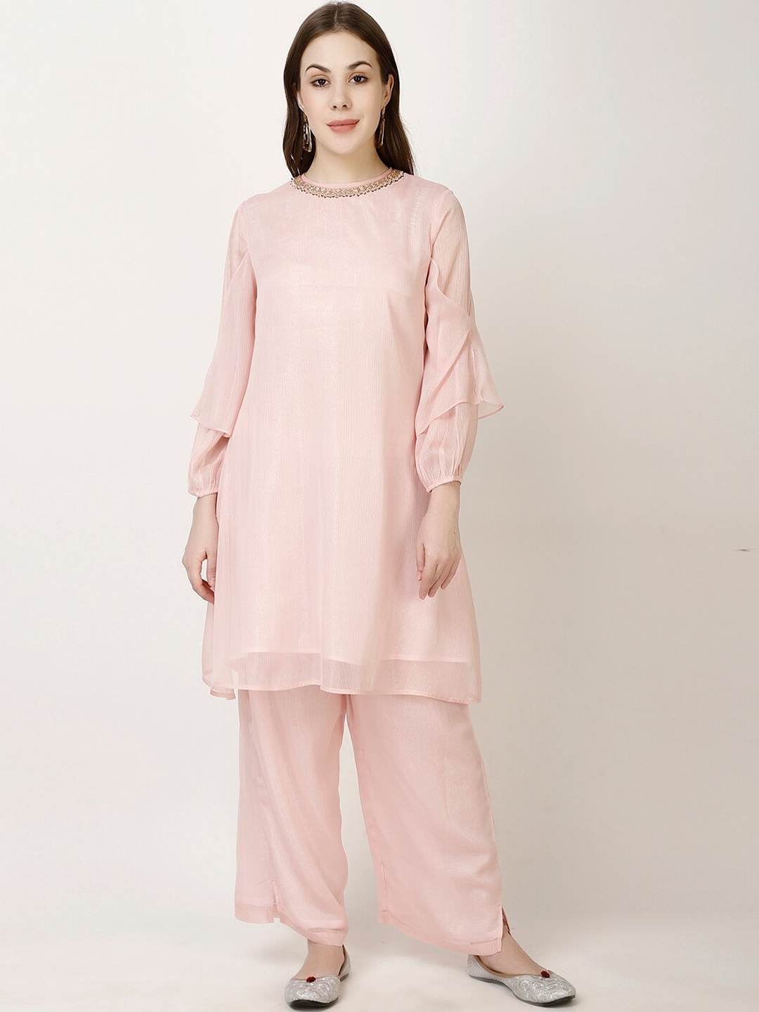 

FFU Puff Sleeves Regular A-Line Kurta With Palazzo, Pink